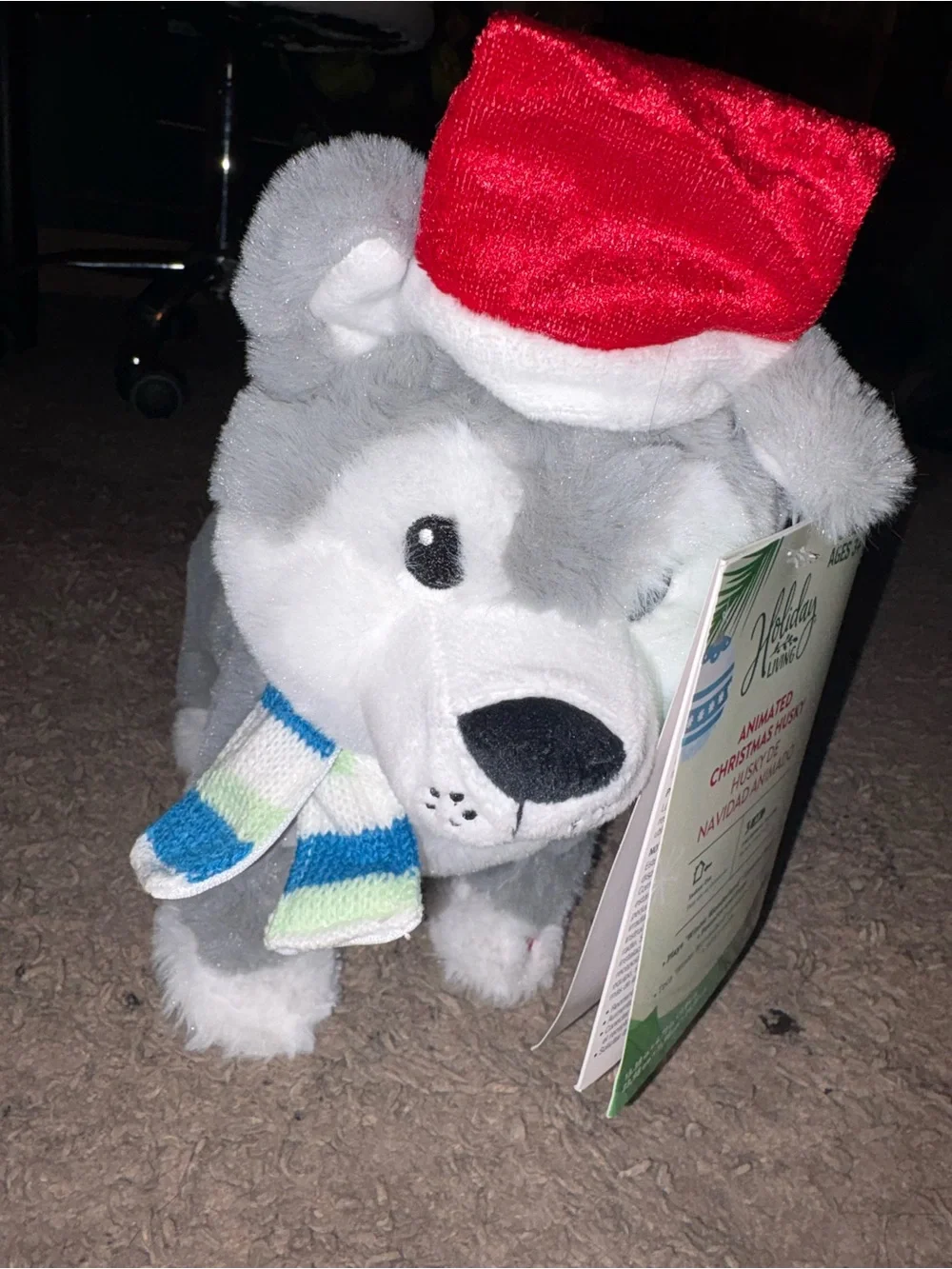 Animated Plush Husky Dog Toy with Blue & Green Scarf